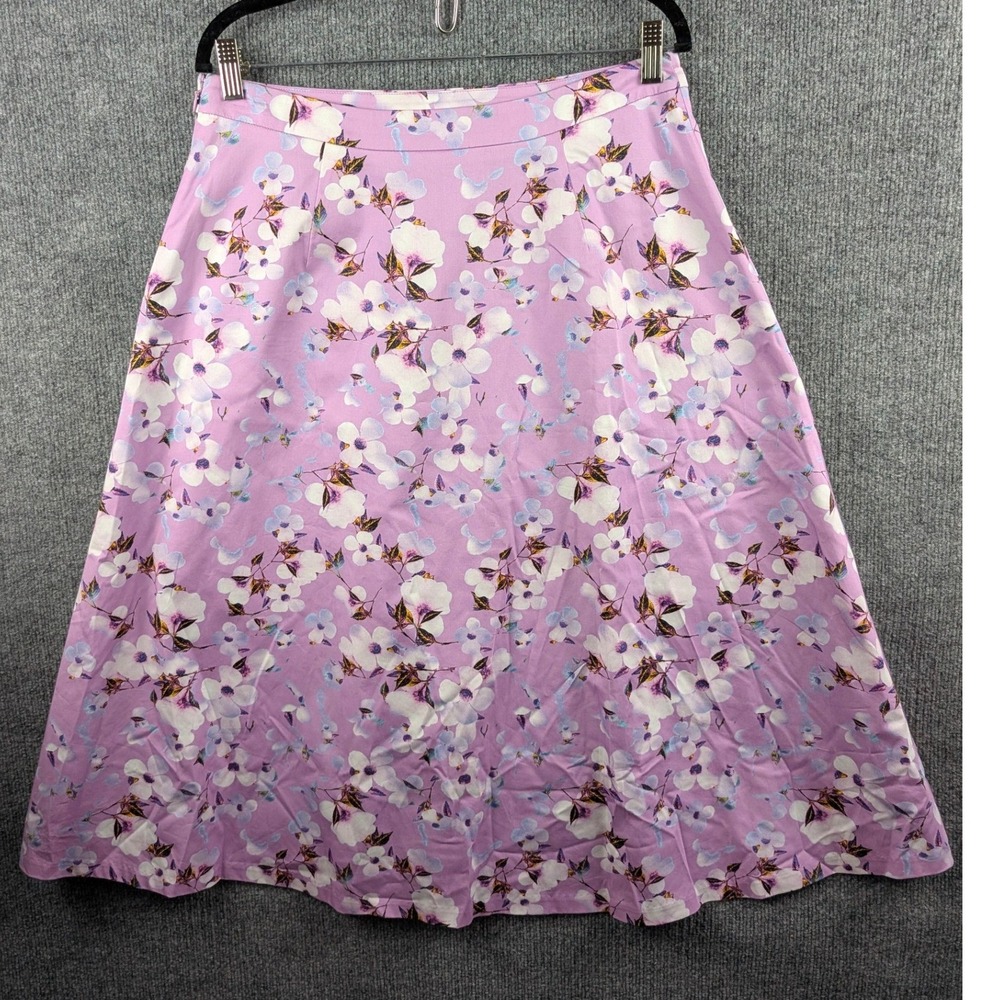 Talbots Midi Skirt Sz 12 Pink Purple Floral A-Line Cotton Cherry Blossom Office